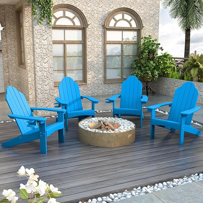 LUE BONA HDPS Adirondack Chairs, Fire Pit Outdoor Chair Weather Resistant with Cup Holder, Modern Plastic Chair Plastic for Patio, Deck, Proch, 350LBS, Blue