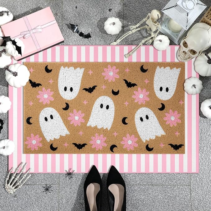 Tinideya 2 Pcs Halloween Door Mat Ghost Welcome Non Slip Coir Mats Pink Flower Cute Bat Stripe Floor Layering Doormats Seasonal for Front Porch Entryway Decor(Flower Ghost)