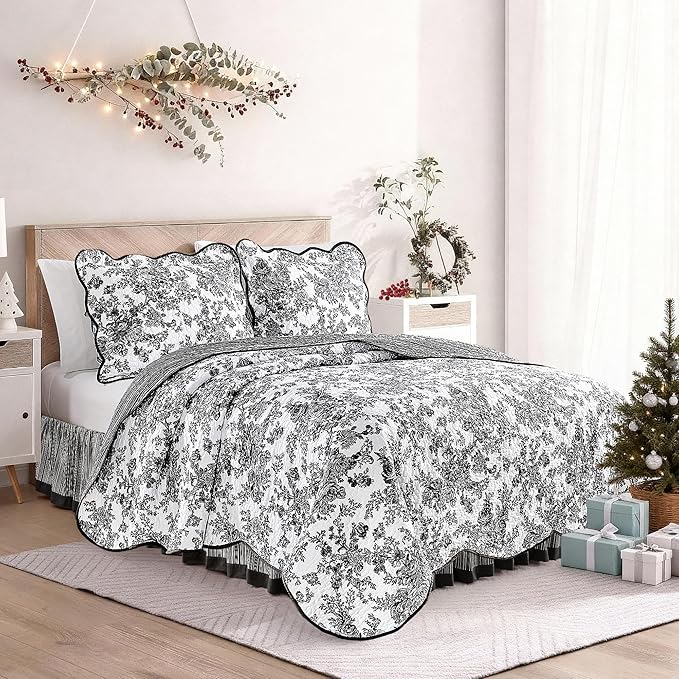 Wonderful 100% Cotton Black Floral Quilt Set Twin Size Bedding Sets with Pillow Sham and Bed Skirt, 3 Pieces Floral Bedspread Coverlet Set, Quilted Blanket Bed Cover for All Season, 66"x86"