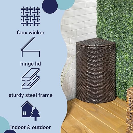 happimess HPM1200A Chloe 15.56-Gallon All-Weather Wicker/Metal Corner Hideaway Outdoor Trash Can, Brown, Classic, Coastal, Casual Wastebin for Backyard, Patio, Porch, Kitchen