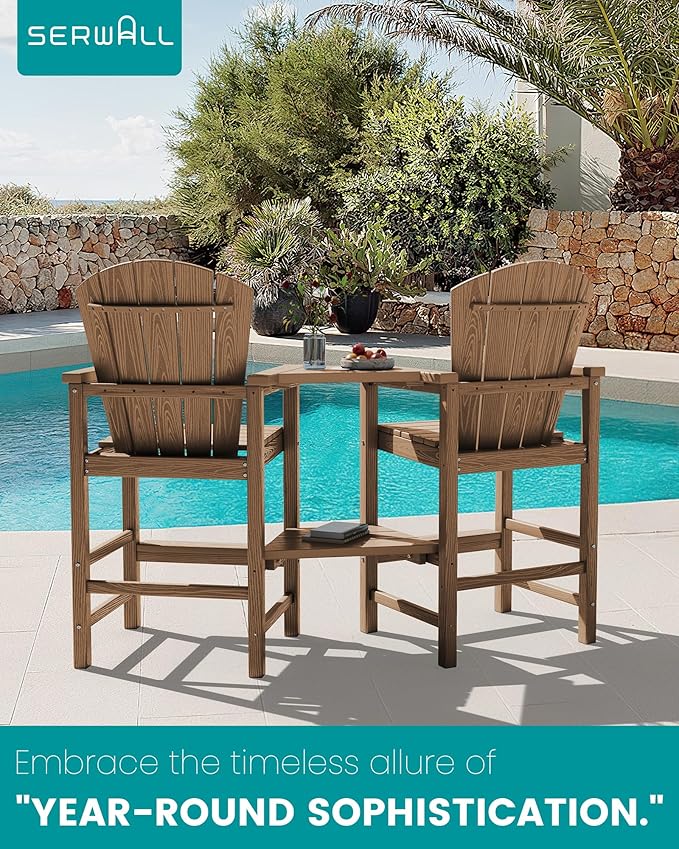 SERWALL Tall Adirondack Chairs Set of 4 with Double Layer Connecting Tray, HDPE Bar Height Outdoor Chairs, Wood-Like Adirondack Bar Stools for Patio, Balcony, Porch, Brown