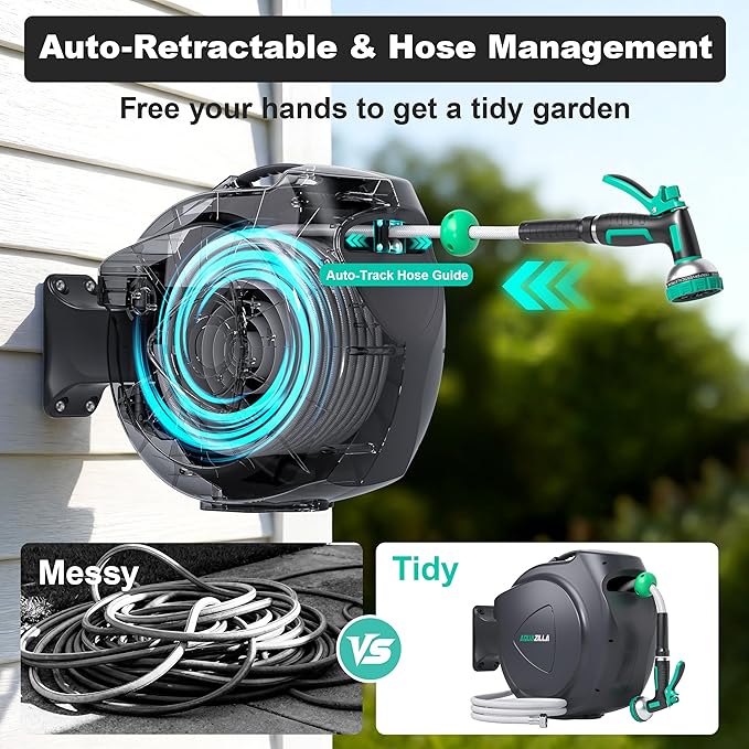 Retractable Garden Hose Reel - 1/2 in x 120 ft Automatic Wall Mount Heavy Duty Automatic Water Hose Reel with 9 Patterns Nozzle, Kink-Resistant Hose, 180° Swivel, Auto-Lock for Outdoor Watering