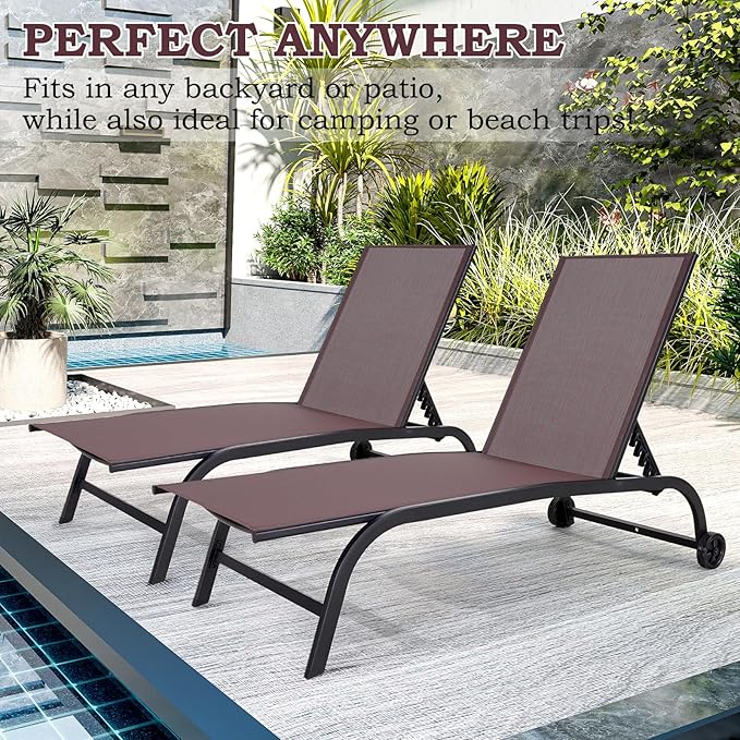 EROMMY Patio Chaise Lounge Chair Set of 2 with Wheels, Oversized 26" W Outdoor Lounge Chairs with Adjustable Backrest, Waterproof Poolside Lounge Chairs