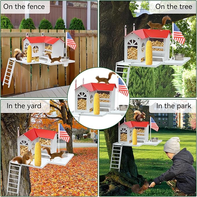 Metal Squirrel Feeder for Outside with Water Bowl, Hanging Squirrel House for Outdoors with Flag Ladder and Corn Cobs Holder, Peanut Feeder for Chipmunks, Mount on Trees or Fences