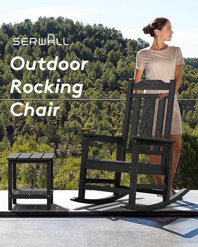 SERWALL Outdoor Rocking Chair Black Set of 8, All Weather Patio Rocking Chair, HDPE Poly Rocking Chair for Adults, Heavy Duty Front Porch Rocker