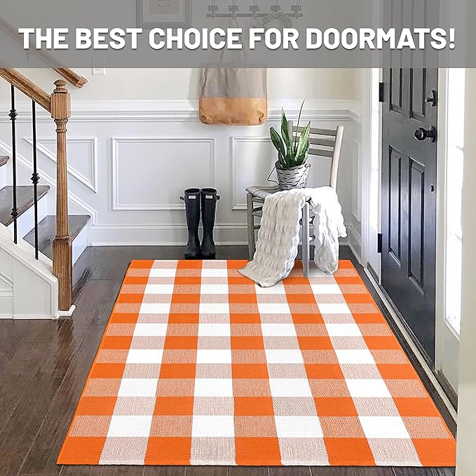 IOHOUZE Fall Buffalo Plaid Check Rug Outdoor Doormat 3x5 Ft Washable Woven Outdoor Indoor Welcome Mats for Front Door/Farmhouse/Entryway/Home Entrance Orange and White Outdoor Rug