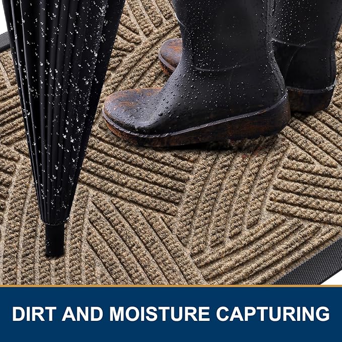 Smiry Front Door Mat Outside Entrance, Heavy Duty Sturdy Natural Rubber Doormat, Trap Dirt and Moisture, Easy Clean Low Profile Mats for Indoor Outdoor Entry, Interwoven Stripes 29.5x17, Brown