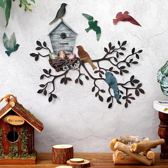 Tatuo Metal Bird Wall Art Birds on The Branch Wall Decor Hanging Metal Tree with Birdhouse for Living Room Tree Leaf Decor for Indoor Outdoor Garden Bedroom Office Home Housewarming Party