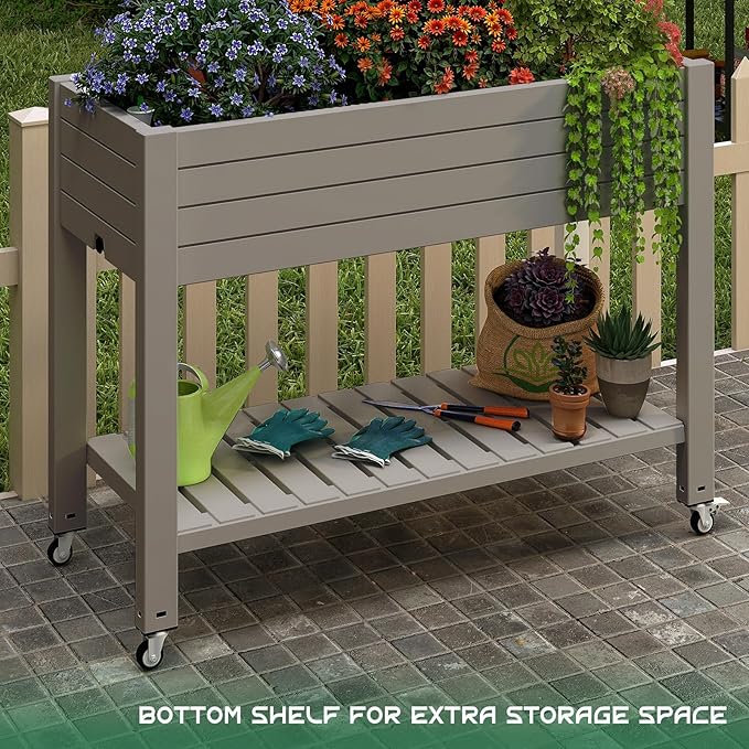 EasyUp 21 Gallon Raised Garden Bed with Legs and Wheels, Raised Planter Box with Drainage Plug and Gauge, Lower Shelf for Tools and Accessories, Dust-Proof Resin for Patio and Backyard(Light Brown)