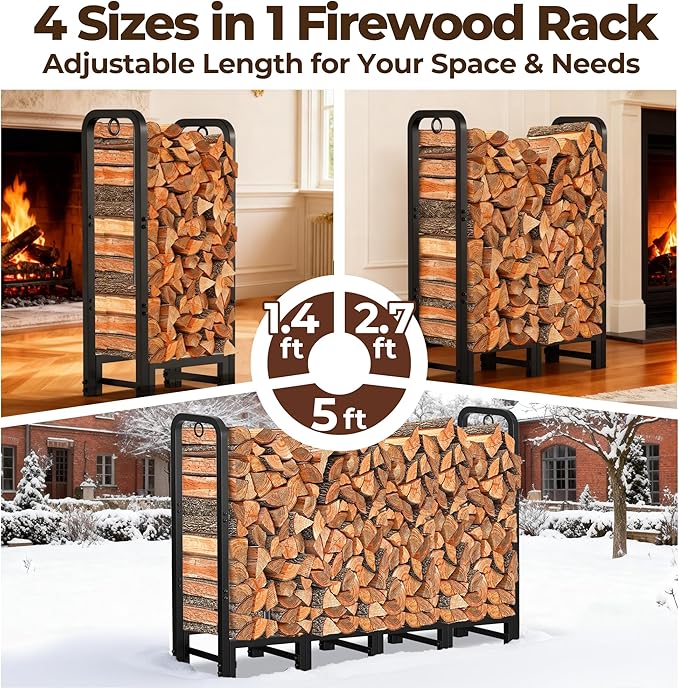 Amagabeli 5ft Firewood Log Rack Outdoor Heavy Duty Logs Holder for Fireplace Indoor Outdoor Adjustable Wood Racks for Fire Wood Holder Metal Pile Stand Storage Stacker Organizer Black