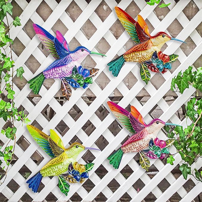 SUNREEK 4 Pack Metal Hummingbird Wall Art, Hanging Birds Outdoor Fence Decorations for Garden Patio Yard Living Room Door Balcony