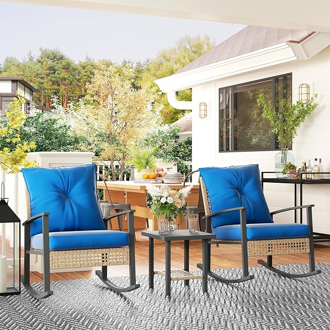 Outsunny 3 Pieces Rocking Wicker Outdoor Bistro Set, Rattan Patio Furniture Set with Coffee Table and Porch Chairs, Button Tufted Cushions for Backyard, Balcony, Garden, Dark Blue