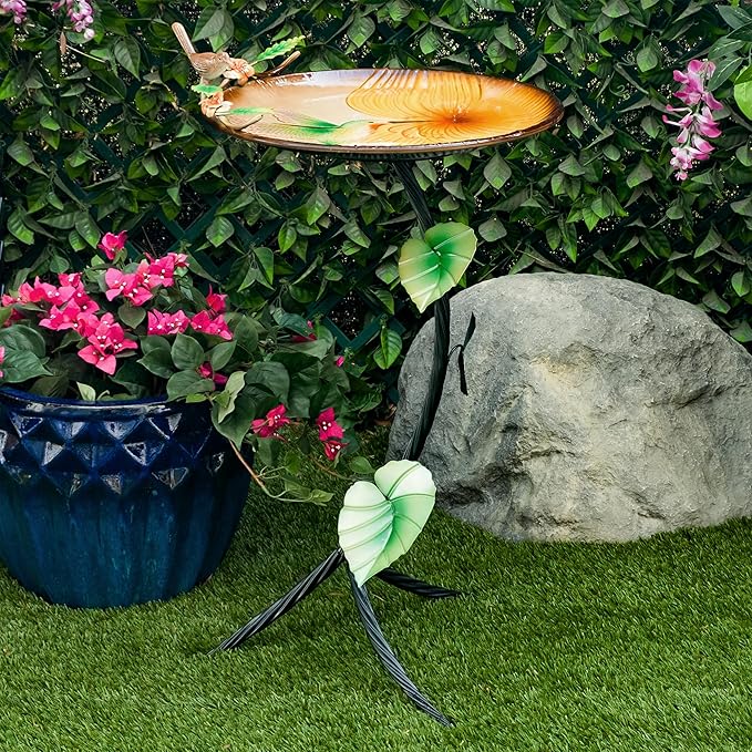 Alpine Corporation 32" H Outdoor Metal Birdbath w/Stylish Stand, Hummingbird Birdbath Bowl and Stand Set, Yellow/Gray