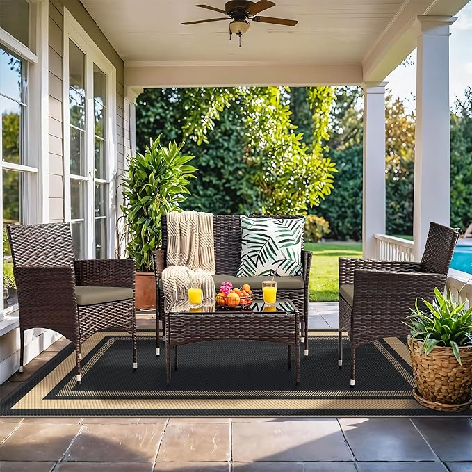 GENIMO 6' x 9' Outdoor Rug Waterproof for Patio Decor, Reversible Plastic Straw Area Rugs Mat for Camper, Outside Carpet for Rv, Deck, Porch, Picnic, Balcony, Mix-Black & Brown