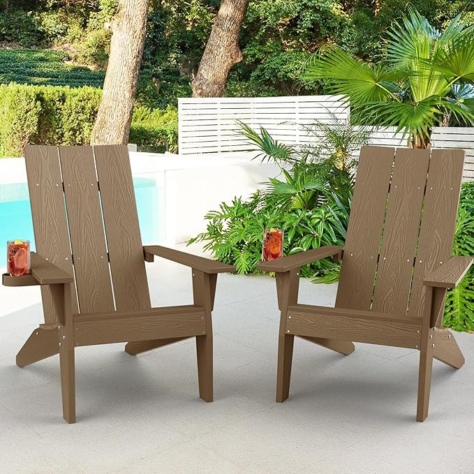 MXIMU Modern Adirondack Chairs Set of 2 Weather Resistant with Cup Holder Oversize Plastic Fire Pit Chairs Adorondic Plastic Outdoor Chairs for Firepit Area Seating (Teak)