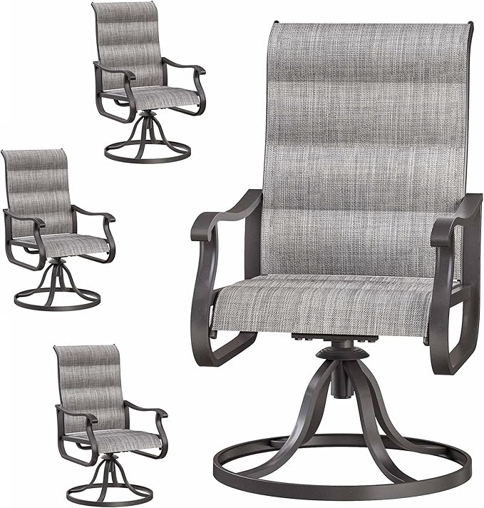 Patio Swivel Chairs Set of 4, Outdoor Dining Chairs with High Back, All-Weather Swivel Rocker Chair for Lawn, Porch or Garden (Padded Grey)
