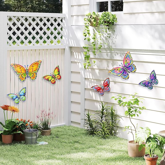 6Pcs Metal Butterfly Wall Decor, 16Inch/8Inch Outdoor Butterfly Wall Art for Fence Garden Yard Room Patio Balcony Decorations