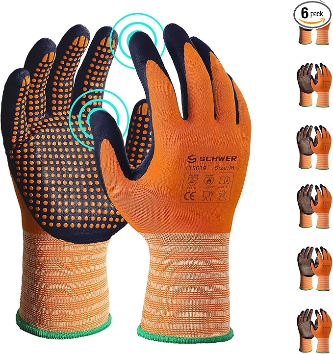 Schwer 6 Pairs LT5619 Work Gloves Micro-Foam Nitrile Coated, Level 4 Abrasion Resistant Nylon Working Gloves with Micro Dot Grip for Men Women, Touchscreen, for Automotive Electronic Assembly, Medium