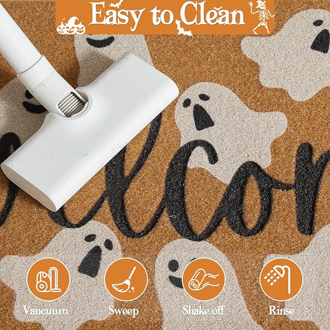 Halloween Door Mat Spooky Ghost Welcome Mat for Front Door Outdoor Entrance Doormat Coir Dirt Trapper with Non Slip Backing, 17x30, Welcome Ghost