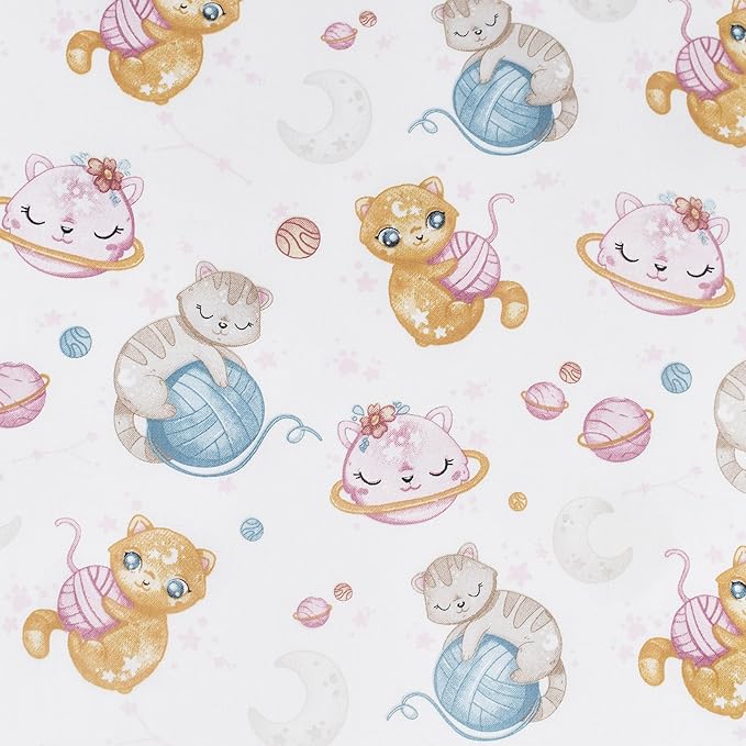 Scientific Sleep Space Cats Planet Kitty Cute Fun 100% Cotton Cozy Twin Bed Sheet Set, Flat Sheet & Fitted Sheet & Pillowcase Natural Bedding Set (Planet Cat, Twin)