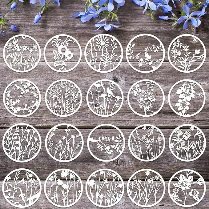 Marspark 20 Pieces Wildflower Stencils for Painting Template Flower Wall Stencils Reusable Spring Templates PET DIY Drawing for Painting on Wood Wall(Round Style)