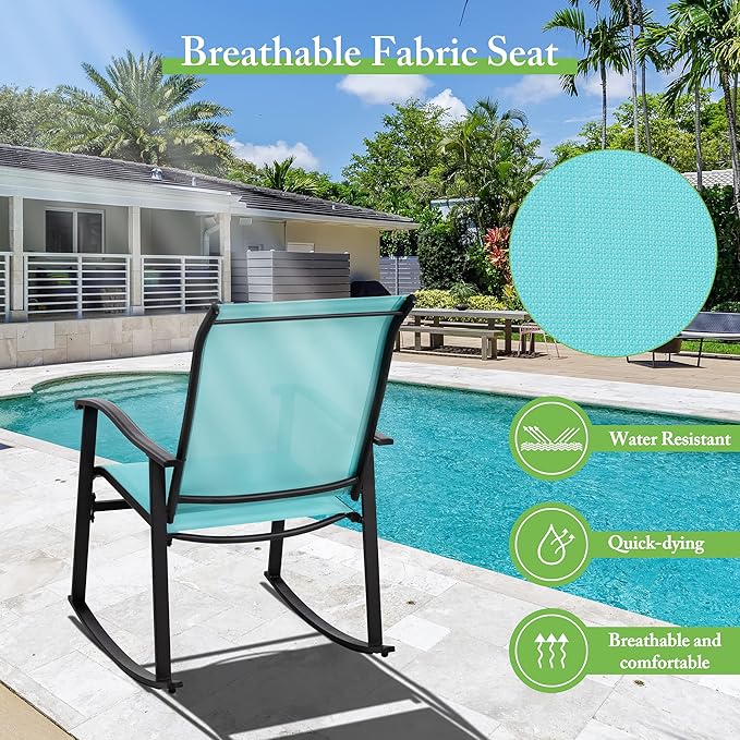 Shintenchi 3 Piece Rocking Bistro Set, Outdoor Furniture with Rocker Chairs and Glass Coffee Table Set of 3, Balcony, Porch Furniture for Small Space, Blue