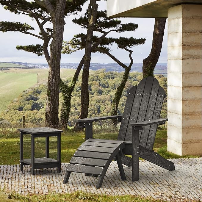 LUE BONA HDPS Adirondack Chairs Set of 4, Fire Pit Outdoor Chair Weather Resistant with Cup Holder, Modern Plastic Chair Plastic for Patio, Deck, Proch, Hotel, Resort, 350LBS, Black