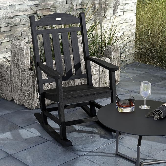 Outsunny 2 Pieces Outdoor Rocking Chair, All Weather-Resistant HDPE Rocking Patio Chairs with Rustic High Back, Armrests, Oversized Seat and Slatted Backrest, 350lbs Weight Capacity, Black