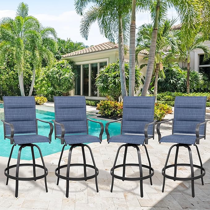 Vongrasig 4 Piece Outdoor Patio Swivel Bar Chairs, All Weather Padded Sling Textile High Top Bar Stools, Bistro Set for Backyard, Lawn Garden, Balcony, Padded Blue