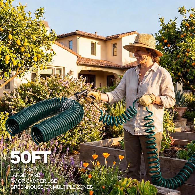 Lightweight EVA Recoil Garden Hose: Retractable Coil Water Hoses with 3/4" GHT Solid Brass Fittings - Corrosion Resistant for Outdoor Lawn Boat (50FT, Green)