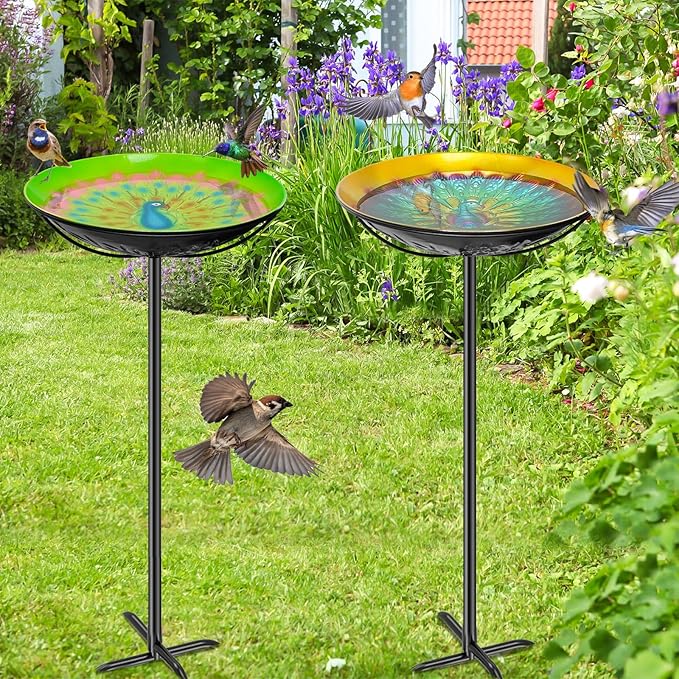 Metal Bird Bath for Outside, Freestanding Birdbaths & Birdfeeder with Colorful Peacock Embossed Basin, Vintage Bird Baths Feeder Bowl for Outdoors Garden Yard Lawn Decor (Peacock Green)