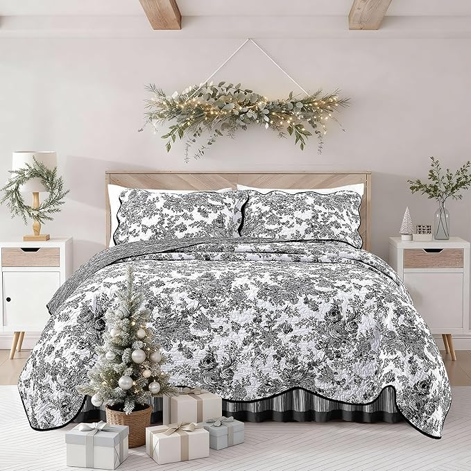 Wonderful 100% Cotton Black Floral Quilt Set Queen Size Bedding Sets with Pillow Shams and Bed Skirt, 4 Pieces Floral Bedspread Coverlet Set, Quilted Blanket Bed Cover for All Season, 104"x90"