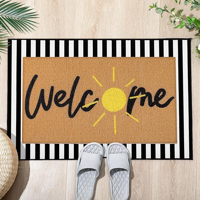 Tinideya 2 Pcs Summer Door Mat Non Slip Wildflower Coastal Hello Sunshine Sweet Home Ocean Pet Welcome Floor Doormat Buffalo Plaid Checked Stripe Mat Seasonal for Front Porch Entryway(Golden Sun)
