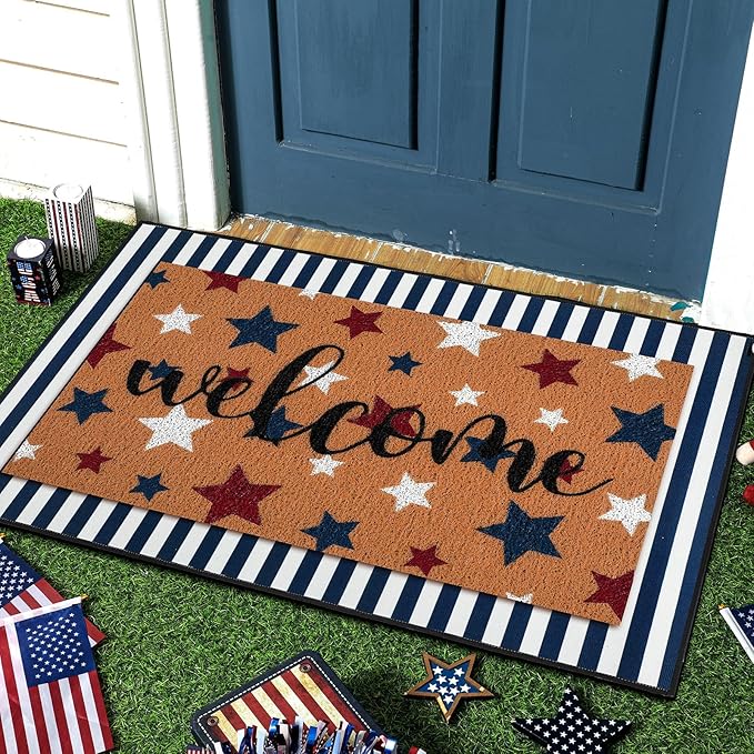 Tinideya 2 Pcs 4th of July Door Mat Patriotic Welcome Non Slip Coir Mats Red Blue White Independence Day Star Stripe Floor Layering Doormats Seasonal for Front Porch Entryway Decor(Patriotic)