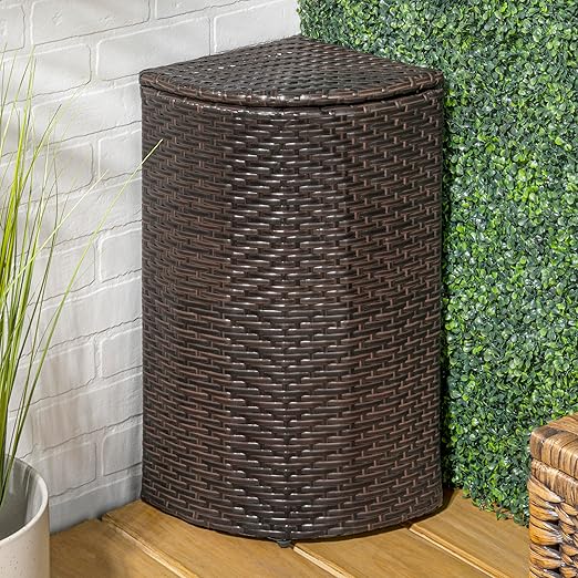 happimess HPM1200A Chloe 15.56-Gallon All-Weather Wicker/Metal Corner Hideaway Outdoor Trash Can, Brown, Classic, Coastal, Casual Wastebin for Backyard, Patio, Porch, Kitchen