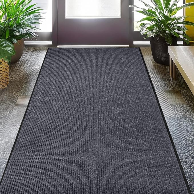 LuxUrux Large 4x6 Ft Rubber Door Mat – Heavy Duty Indoor Outdoor Entrance Rug, Waterproof & Non-Slip Floor Mat, Easy to Clean Low-Profile Front Doormat for Home, Garage, Patio – Gray Striped.