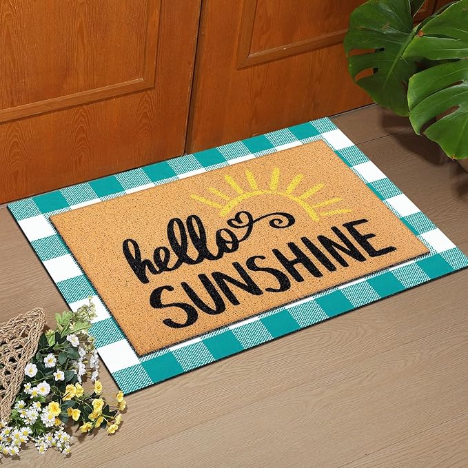 Tinideya 2 Pcs Summer Door Mat Non Slip Wildflower Coastal Hello Sunshine Sweet Home Ocean Pet Welcome Floor Doormat Buffalo Plaid Checked Stripe Mat Seasonal for Front Porch Entryway(Sunshine)