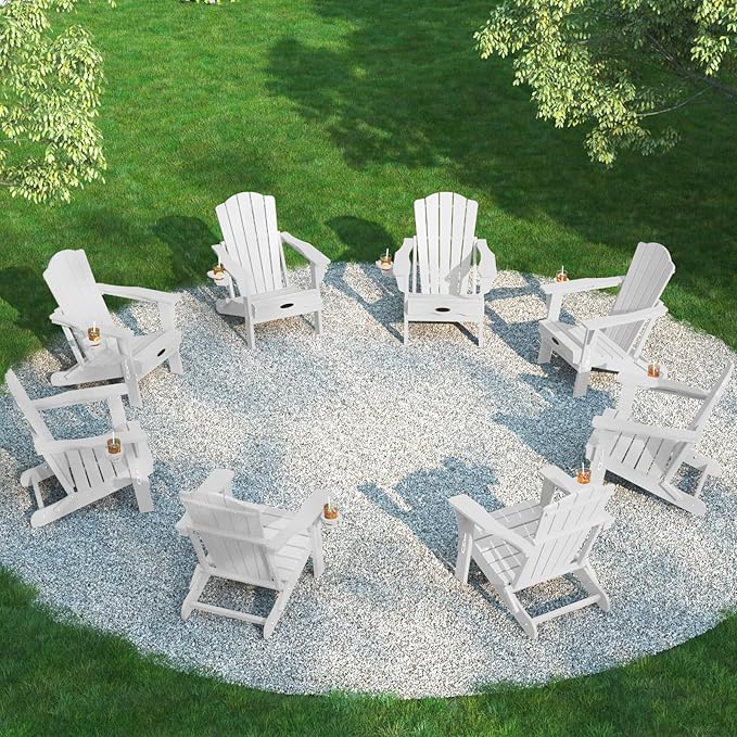 Folding Adirondack Chair Set of 8,HDPE All-Weather Outdoor Chair with Cup Holder,Wooden Textured,Fire Pit Chair,Plastic Patio Chair for Deck,Backyard,Garden,Lawn(White)