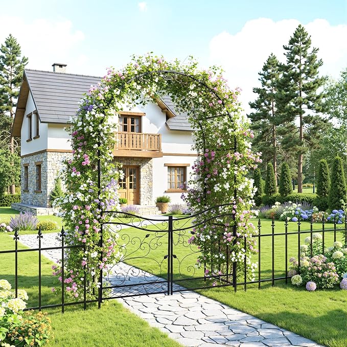 VINGLI Garden Arbor Arch, Wedding Arch Archway for Ceremony Party, Trellis for Plant Climbing, Christmas Decorations Pergola for Backyard, Lawn, Patio, Yard (Arbor with Gate and Fence)