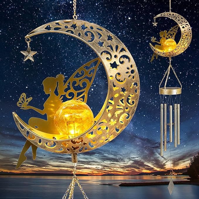 YAKii Fairy Moon Solar Wind Chimes for Outside Lights Gifts for Mom Wife Unique Crackle Glass LED Warm Light Outdoor Hanging Decor Windchimes for Garden Yard Patio Christmas Birthday Mothers Day