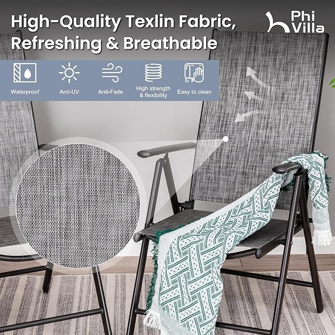 PHI VILLA 7 Piece Patio Dining Set with Outdoor Table and Chairs, Outdoor Dining Set with 6 Patio Folding Sling Chair with Armrest & 1 Rectangle Patio Dining Table with 1.57" Umbrella Hole (Grey)