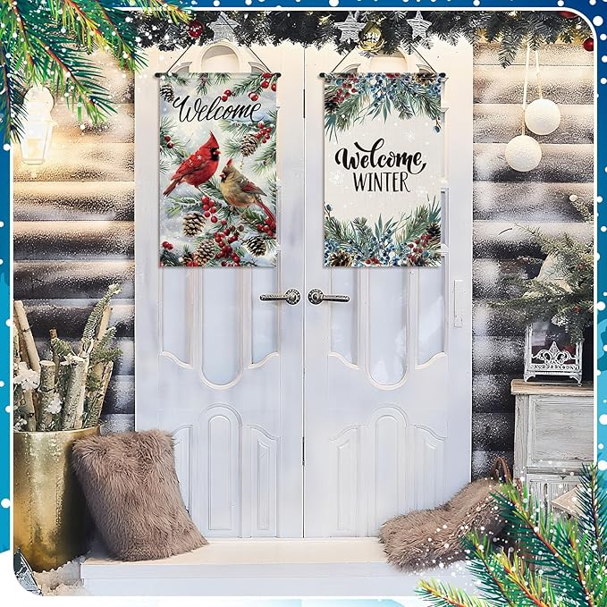 Tegeme 3 Pcs Winter Hanging Banner Cardinal Flag Decoration 12 x 20 Inch Winter Welcome Door Hanger Decoration Pine Tree Garden Flag Holiday Ornaments