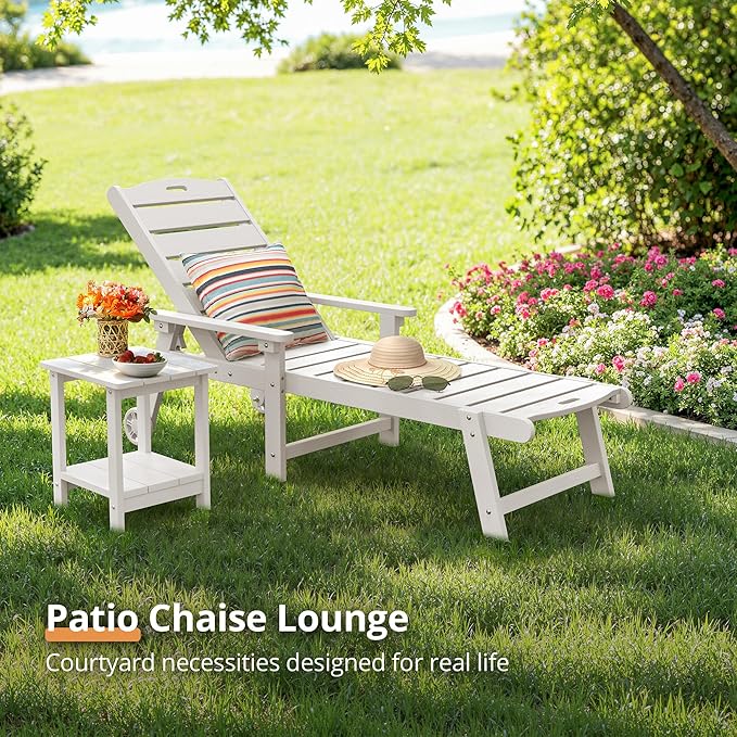 LUE BONA Chaise Lounge Chair with Table, 6-Piece, HDPS Chaise Lounger, 5 Positions Adjustable Lounge Chairs, Pool Lounge Chair with Wheels for Poolside, Backyard, White