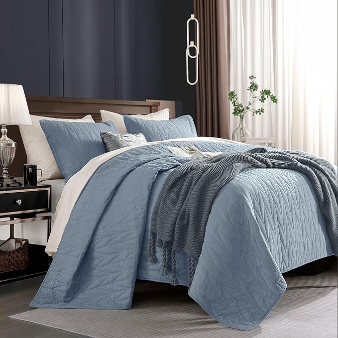 Wonderful 100% Cotton Blue Quilt Set King Size,200 GSM Cotton Fill Comforter,Pre-Washed 3 Piece Ultra Soft Lightweight Bedspread with Pillow Shams,Stitching Geometric Pattern Modern Style