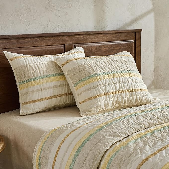 Wonderful 100% Cotton Quilt Set Queen Size Striped Fall Bedding, Natural Dyed Cozy & Breathable Coverlet, Soft Pre-Washed Bedspread (Light Yellow/Green)