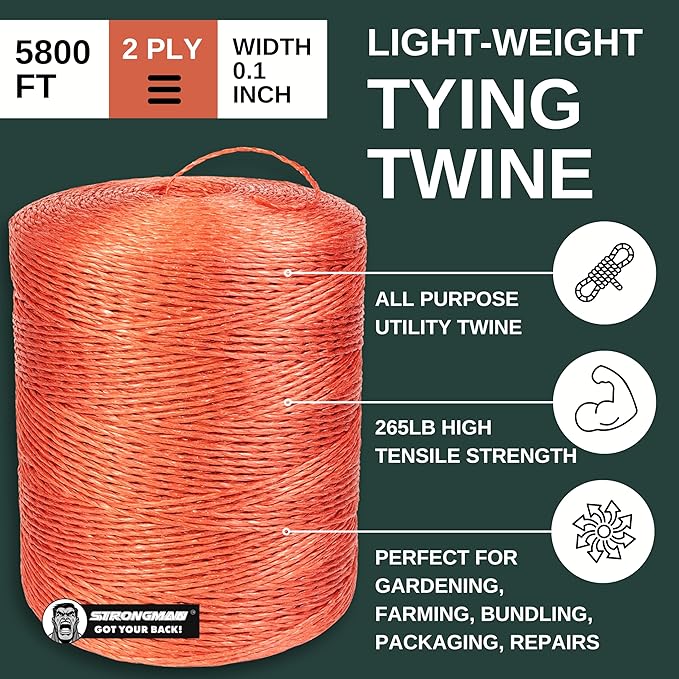 Strongman Baling Twine Roll – 2-Ply, 5800 Ft, 265 LB Strength Tying Twine Rope – Won’t Tangle or Snap When Tying, Bundling, or Baling – Ideal for Farming, Gardening & Heavy-Duty Jobs