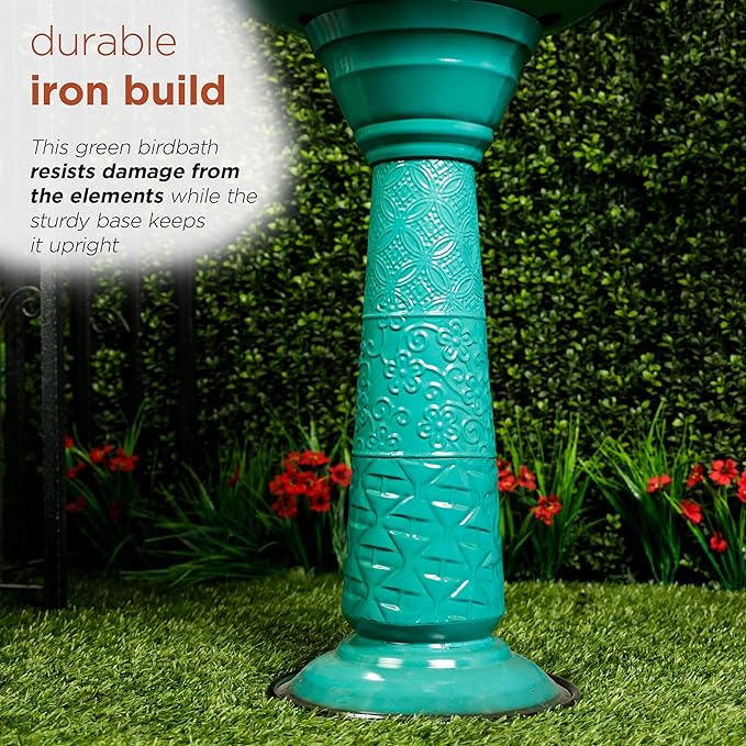 Alpine Corporation ORS112GN Vintage Metal Pedestal Birdbath with Stand, Shallow Bird Bath Bowl for Outside, 28" H, Green