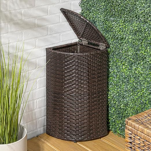 happimess HPM1200A Chloe 15.56-Gallon All-Weather Wicker/Metal Corner Hideaway Outdoor Trash Can, Brown, Classic, Coastal, Casual Wastebin for Backyard, Patio, Porch, Kitchen
