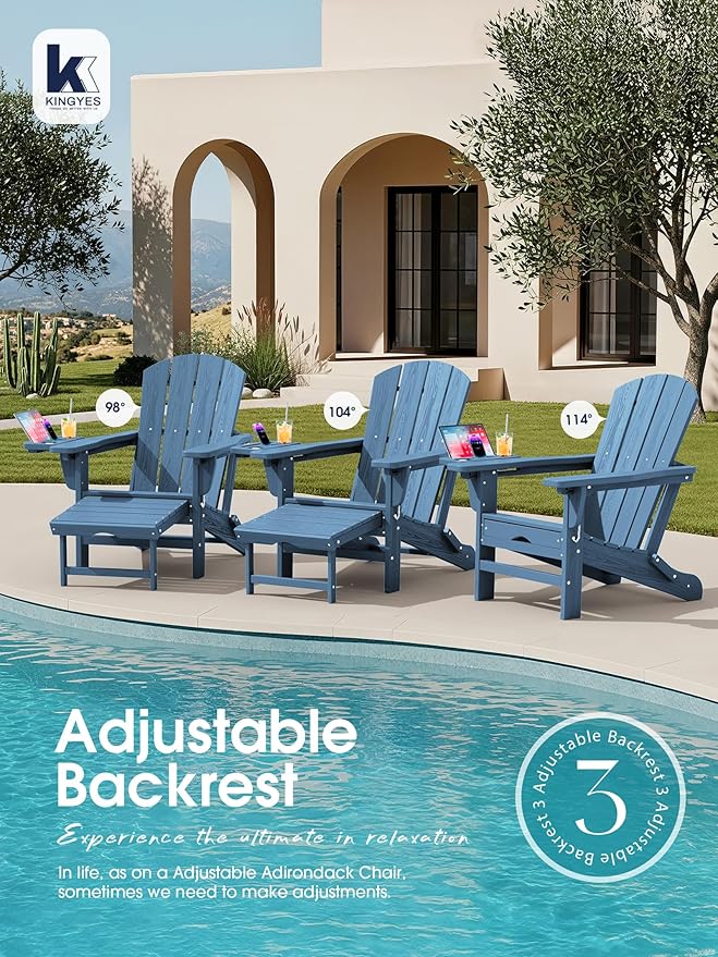 KINGYES Adjustable Folding Adirondack Chair with Footrest & 4-in-1 Multi-Functional Armrest Organizer, HDPE Foldable Recliner Adirondack Chair with Pull-Out Ottoman, Blue