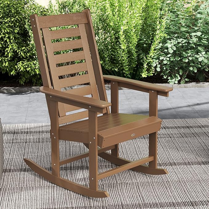 Outsunny Outdoor Rocking Chairs Set of 2, HDPE Patio Rocking Chairs with 28" High Back and Wide Armrests, All-Weather Slatted Porch Rockers for Garden, Balcony, Fire Pit, Brown